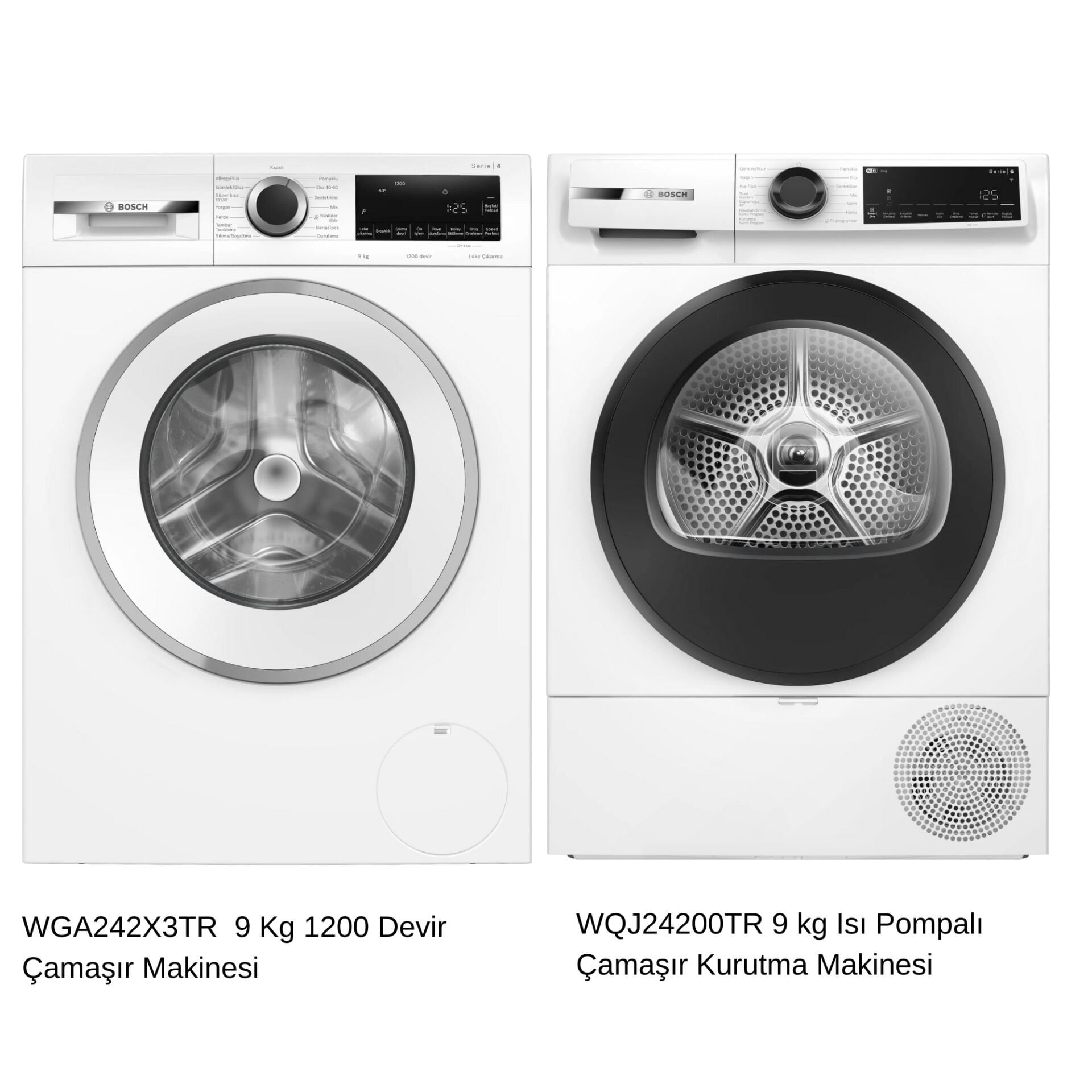 Bosch 9 Kg Çamaşır Makinesi ve 9 Kg Isı Pompalı Kurutma Makinesi Seti – WGA242X3TR & WQJ24200TR