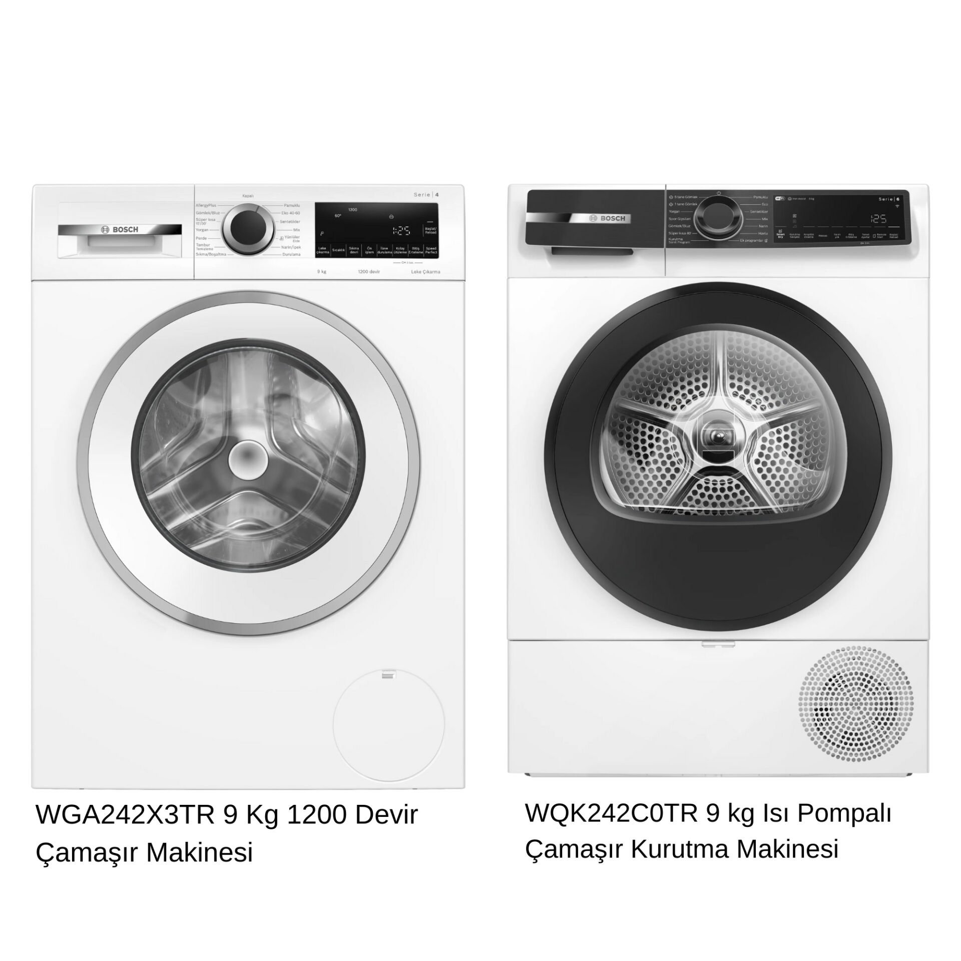Bosch 9 Kg Çamaşır Makinesi ve 9 Kg Isı Pompalı Kurutma Makinesi Seti – WGA242X3TR & WQK242C0TR