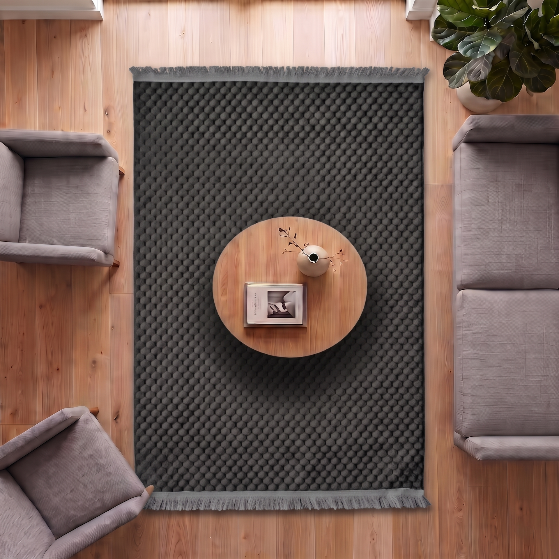 Derya Home Koridor Eva Antrasit Kabartmalı Peluş Halı Saçaklı