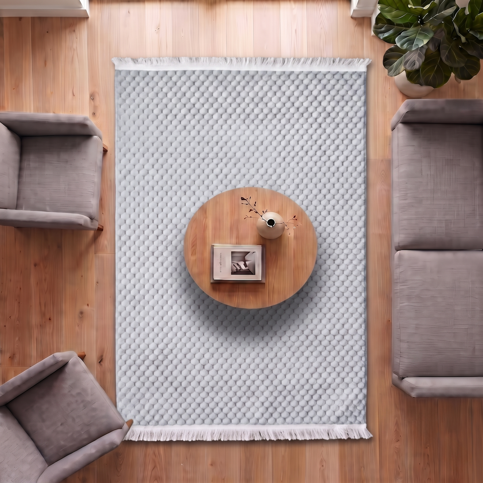 Derya Home Koridor Eva Gri Kabartmalı Peluş Halı Saçaklı
