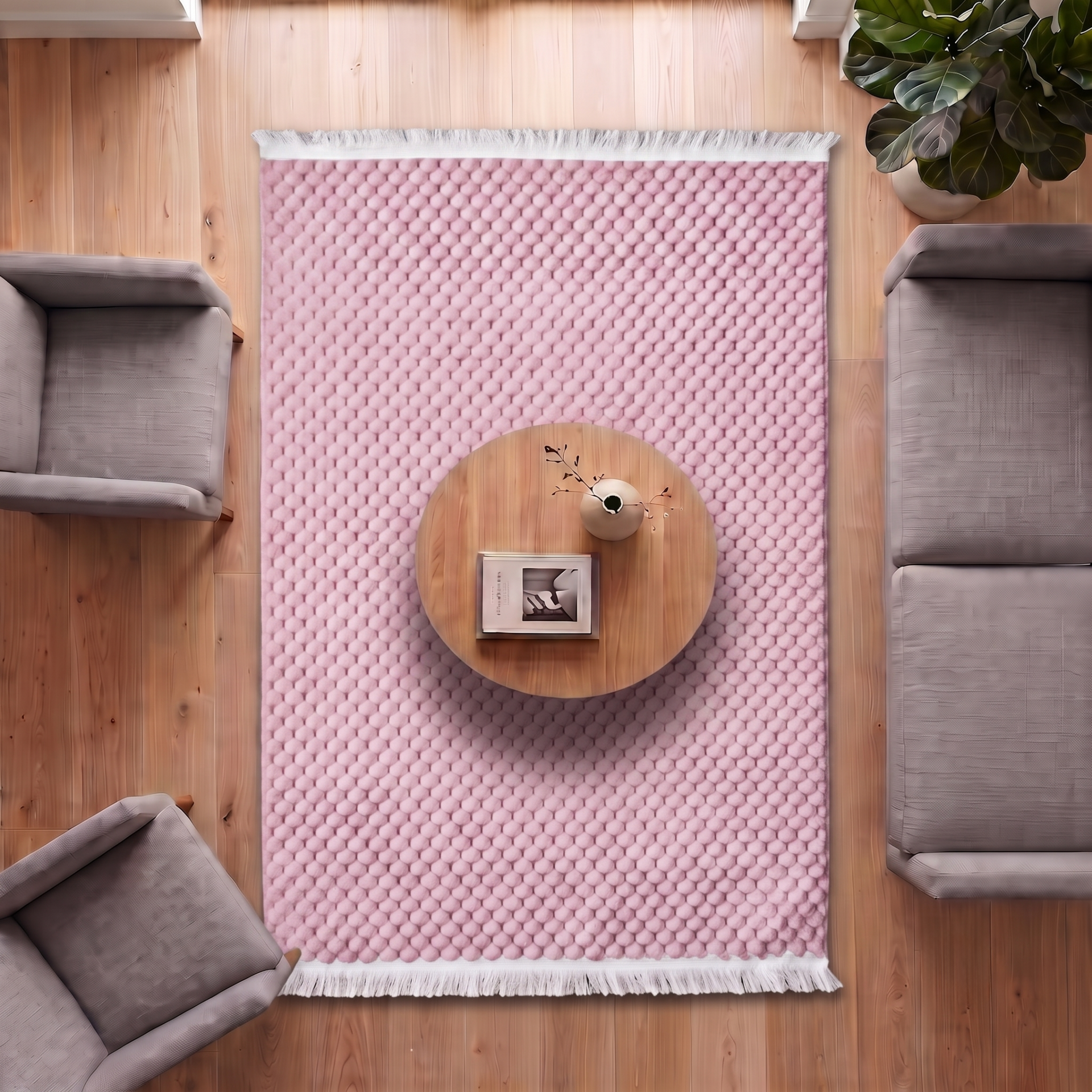 Koridor Eva Pembe Kabartmalı Peluş Halı Saçaklı