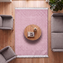 Koridor Eva Pembe Kabartmalı Peluş Halı Saçaklı