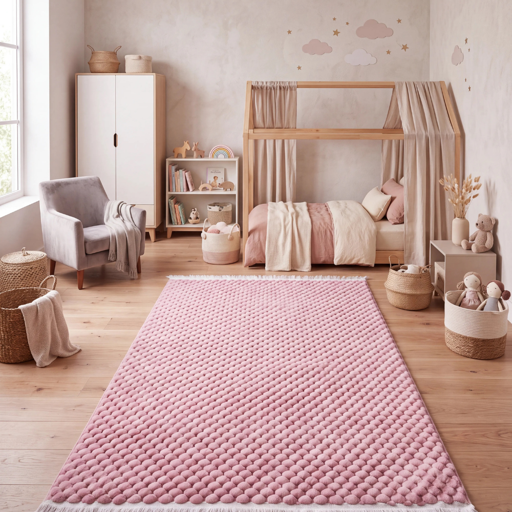 Derya Home Eva Pembe Kabartmalı Peluş Çocuk Odası Halısı