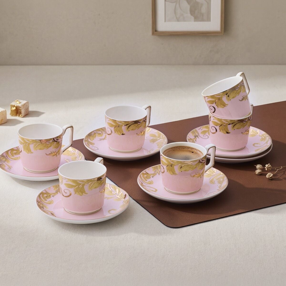 Aryıldız Peony Pembe 12 Parça 6 Kişilik Kahve Fincan Takımı