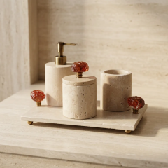 Derya Home Traverten Collection Gerçek Doğal Taş 4 Parça Banyo Seti – Amber Cam & Eskitme Pirinç Detaylı