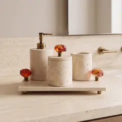 Derya Home Traverten Collection Gerçek Doğal Taş 4 Parça Banyo Seti – Amber Cam & Eskitme Pirinç Detaylı