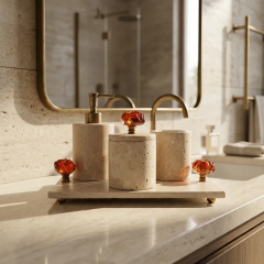 Derya Home Traverten Collection Gerçek Doğal Taş 4 Parça Banyo Seti – Amber Cam & Eskitme Pirinç Detaylı