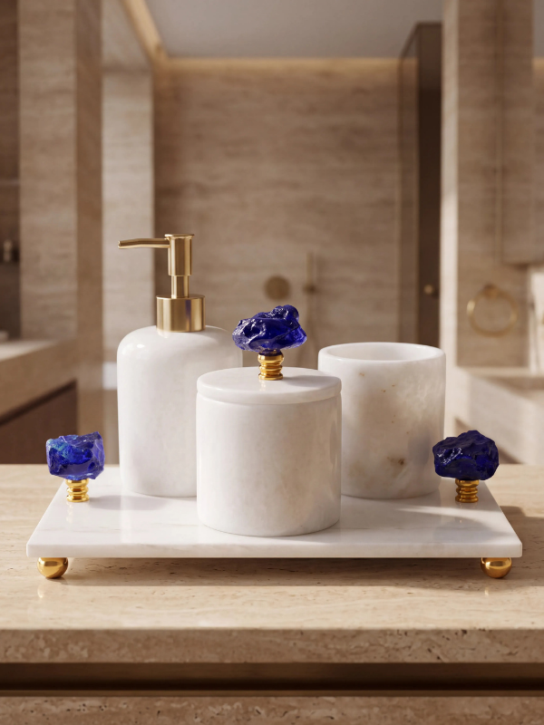 Derya Home Lapis Collection Gerçek Mermer 4’lü Banyo Seti – Kobalt Mavi Cam & Gold Detaylı