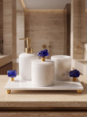 Derya Home Lapis Collection Gerçek Mermer 4’lü Banyo Seti – Kobalt Mavi Cam & Gold Detaylı
