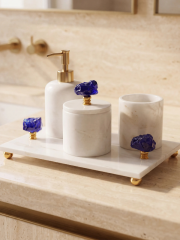 Derya Home Lapis Collection Gerçek Mermer 4’lü Banyo Seti – Kobalt Mavi Cam & Gold Detaylı