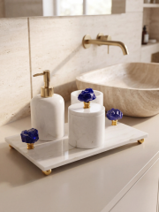 Derya Home Lapis Collection Gerçek Mermer 4’lü Banyo Seti – Kobalt Mavi Cam & Gold Detaylı