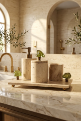 Derya Home Oliva Collection Gerçek Traverten 4’lü Banyo Seti – Yeşil Cam & Gold Detaylı