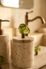 Derya Home Oliva Collection Gerçek Traverten 4’lü Banyo Seti – Yeşil Cam & Gold Detaylı