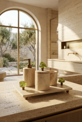 Derya Home Oliva Collection Gerçek Traverten 4’lü Banyo Seti – Yeşil Cam & Gold Detaylı