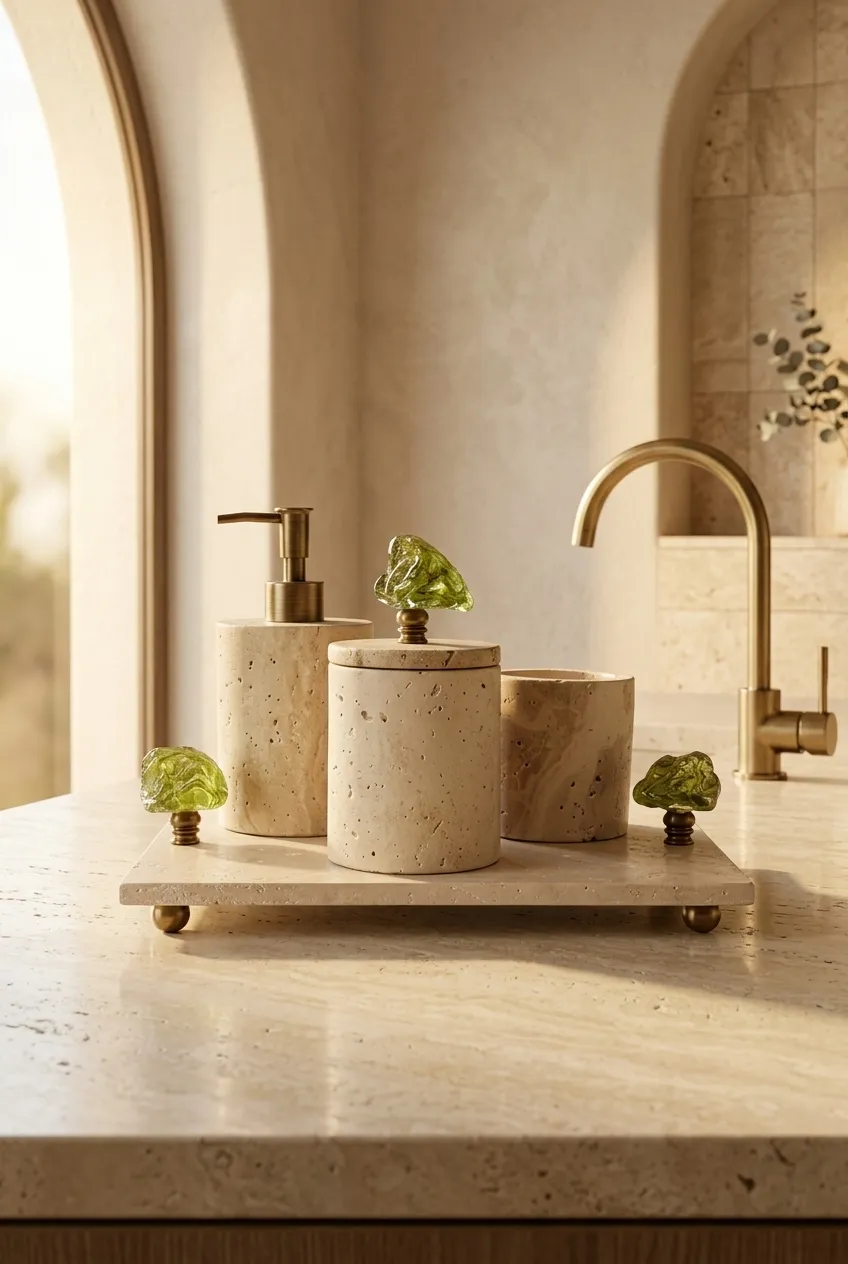 Derya Home Oliva Collection Gerçek Traverten 4’lü Banyo Seti – Yeşil Cam & Gold Detaylı