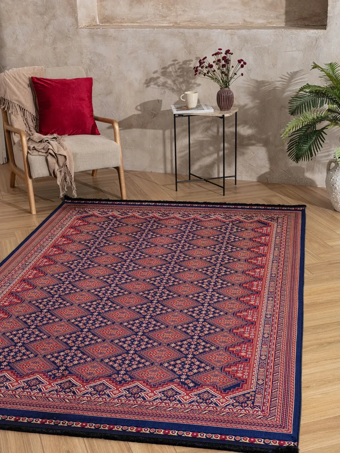 Derya Home Ahlat Koleksiyonu 01 Kırmızı Lacivert Geleneksel Anadolu Motifli Dekoratif Salon Halısı