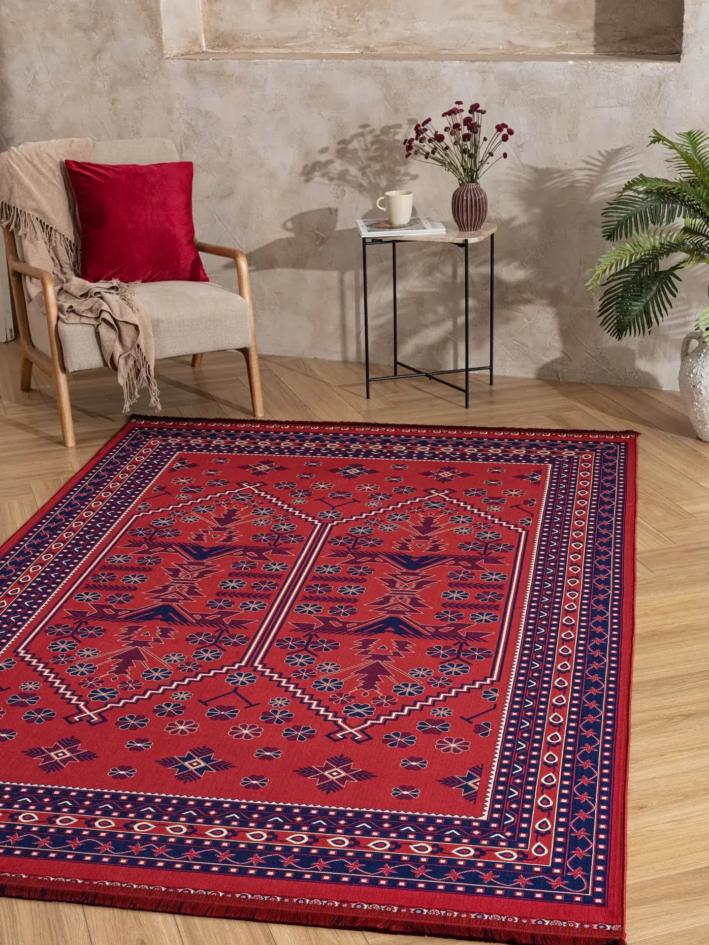 Derya Home Ahlat Koleksiyonu 03 Kırmızı Lacivert Geleneksel Anadolu Motifli Dekoratif Salon Halısı