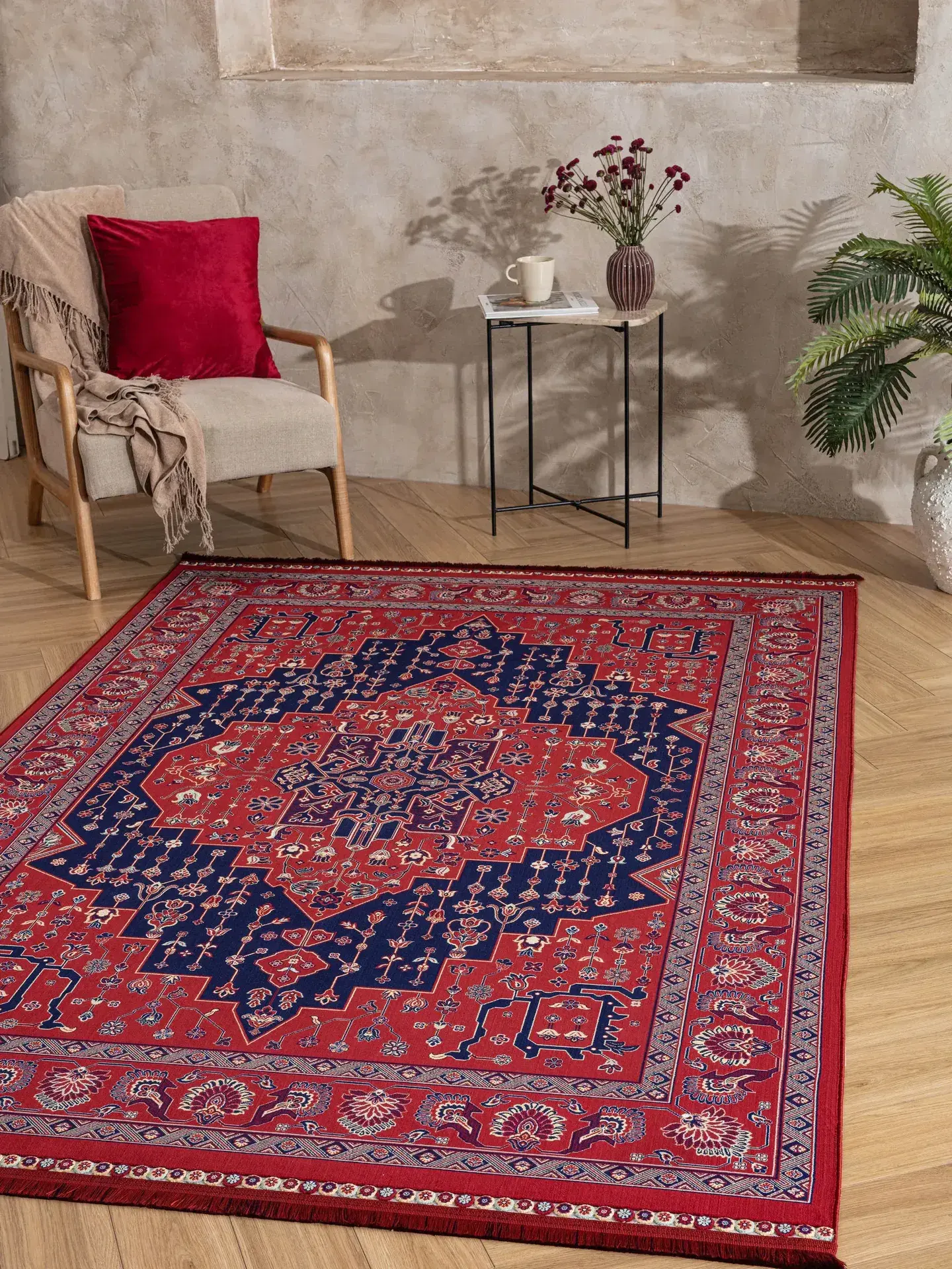 Derya Home Ahlat Koleksiyonu 04 Kırmızı Lacivert Geleneksel Anadolu Motifli Dekoratif Salon Halısı