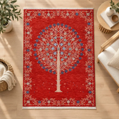 Derya Home Özbek Hayat Ağacı Desenli Kırmızı Saçaklı Dekoratif Salon Halısı 08