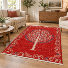 Derya Home Özbek Hayat Ağacı Desenli Kırmızı Saçaklı Dekoratif Salon Halısı 08