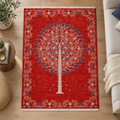 Derya Home Özbek Hayat Ağacı Desenli Kırmızı Saçaklı Dekoratif Salon Halısı 08